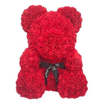 Ursulet Rose Bear din Trandafiri Rosii Decorat Manual, inaltime 25 cm - Cadoul Perfect