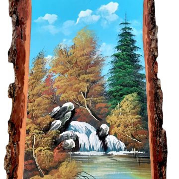 Tablou natural deosebit, pictat manual pe scoarta de copac