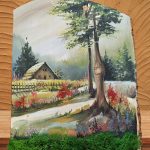 Tablou lemn pictat manual, decorat cu licheni