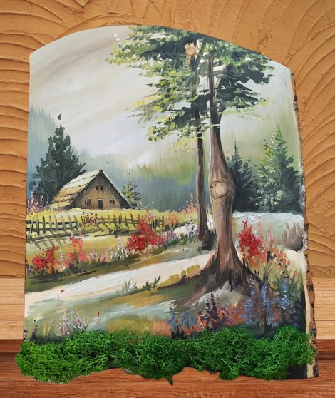 Tablou lemn pictat manual, decorat cu licheni